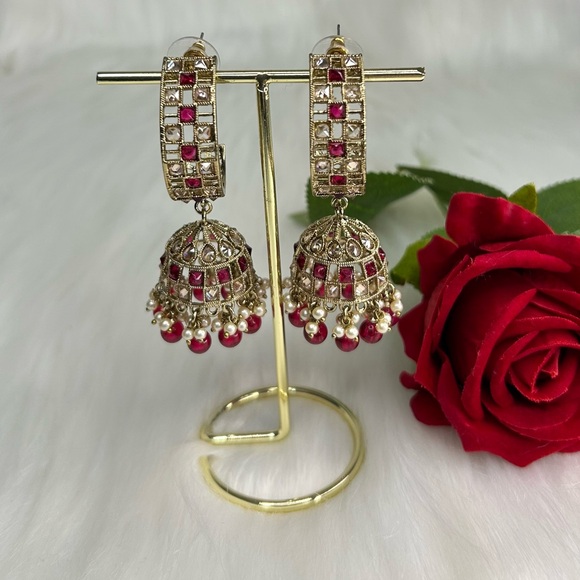 Elegant Hot Pink And Gold Jhumka Earrings - Picture 4 of 8